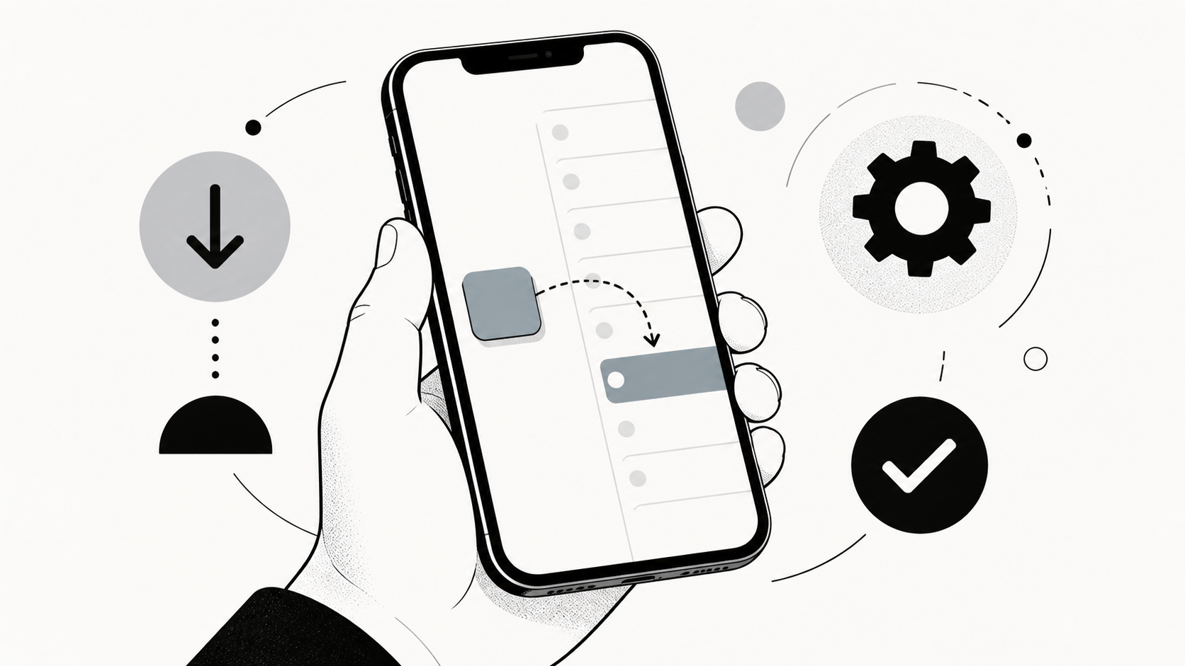 Черно-белая иллюстрация установки IPA-файла на iPhone
